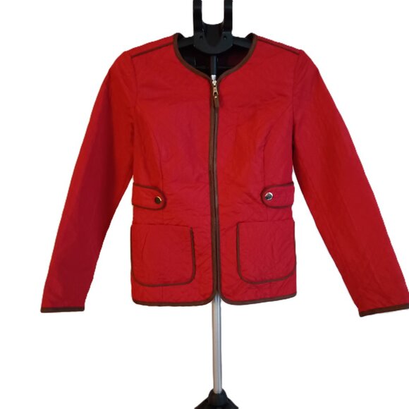 Charter Club Red Quilted Barn Jacket with Brown Trim Women’s Small VGUC/EUC - Picture 2 of 15